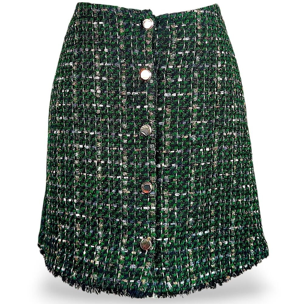 Ted Baker Tweed Mini Skirt XS Green Gold Plaid High Rise Raw Hem Sequin NWOT
